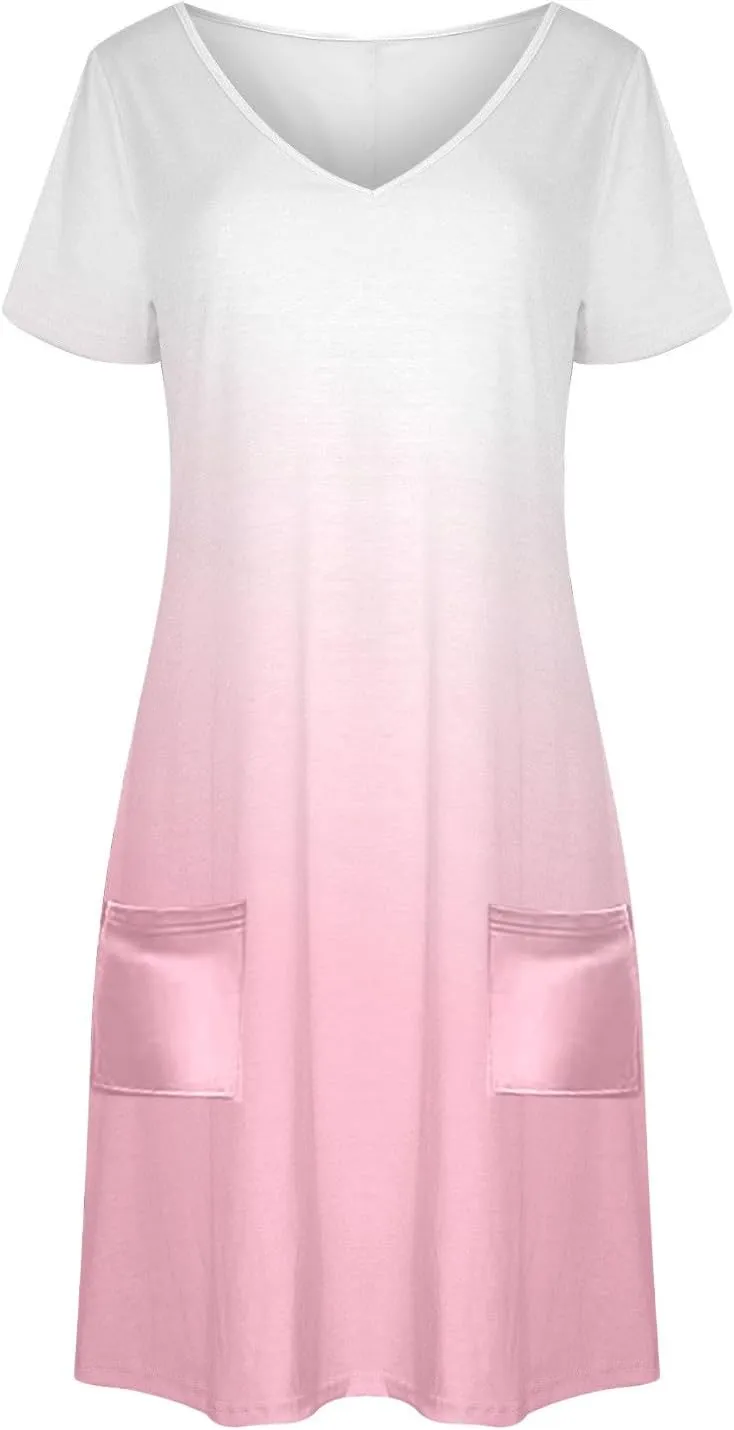 Womens Summer Dresses Casual Short Sleeve Gradient Color Dress Vacation Loose Crewneck Beach Sundress with Pocket