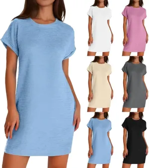 Womens Summer Dresses Fashion 2025 Short Sleeve Crew Neck Spring Mini Dress Casual Beach Vacation Clothes Dresses
