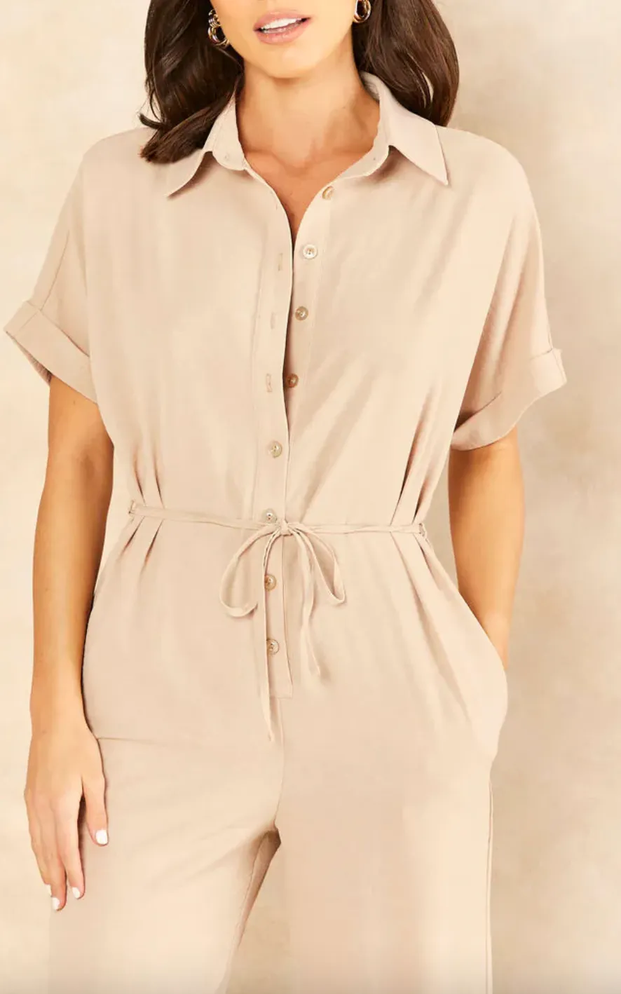 Wrap Jumpsuit with Pockets in Beige