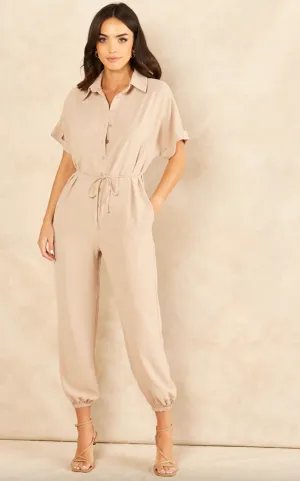Wrap Jumpsuit with Pockets in Beige