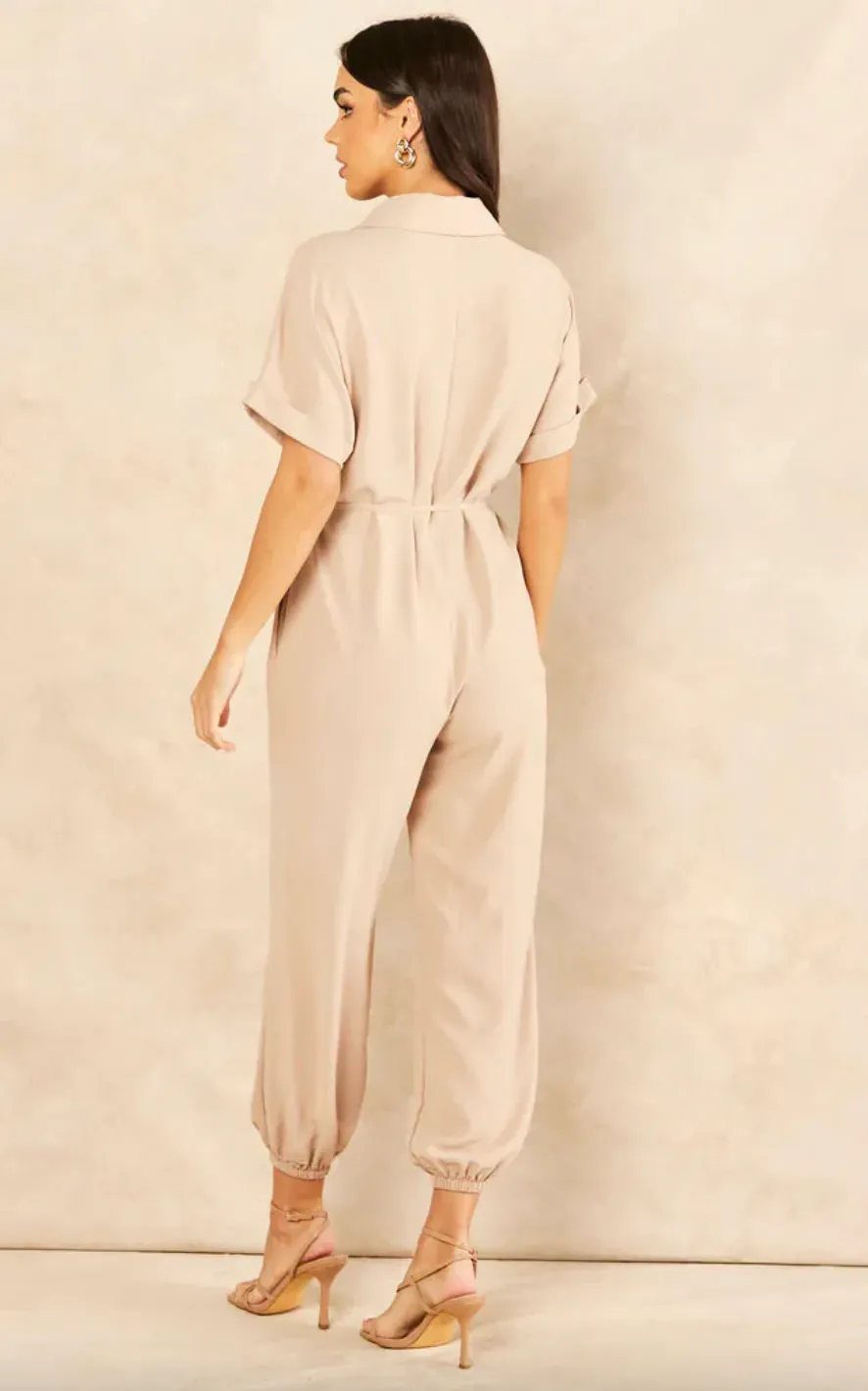 Wrap Jumpsuit with Pockets in Beige
