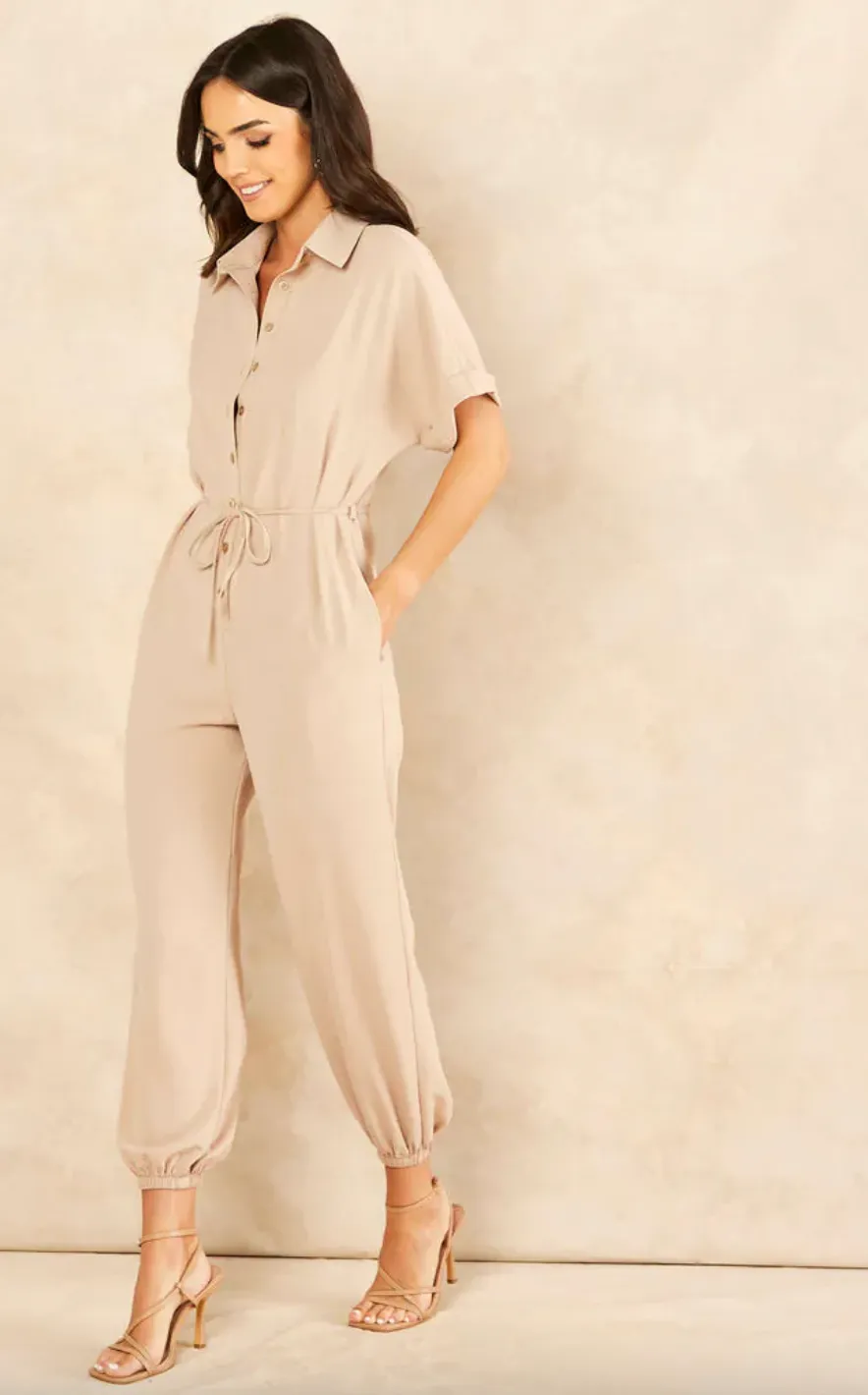 Wrap Jumpsuit with Pockets in Beige