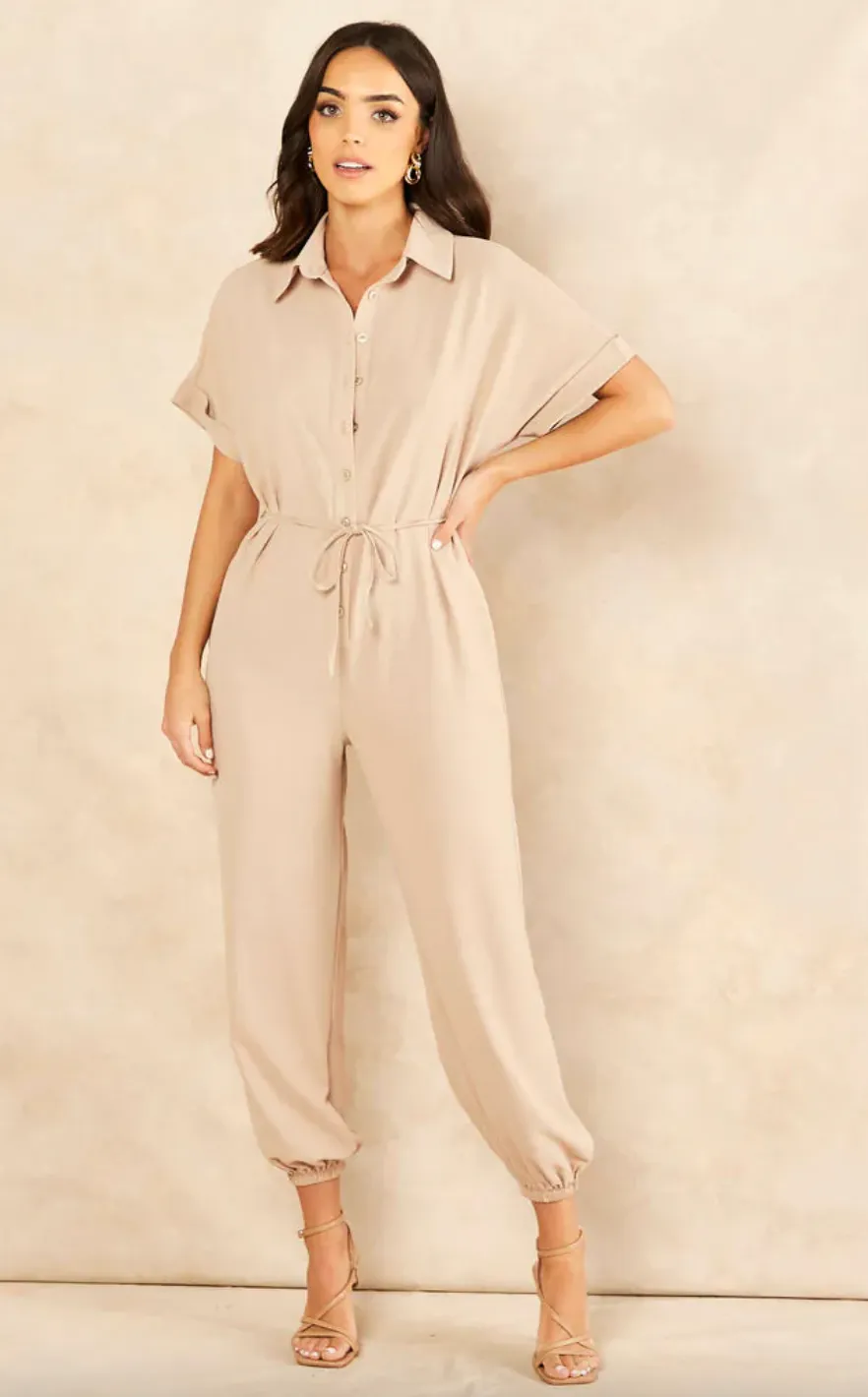 Wrap Jumpsuit with Pockets in Beige