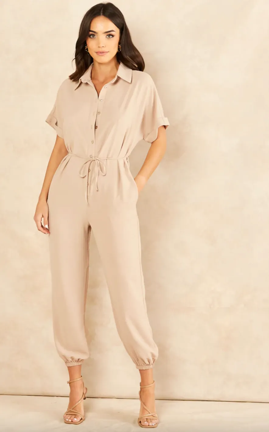 Wrap Jumpsuit with Pockets in Beige