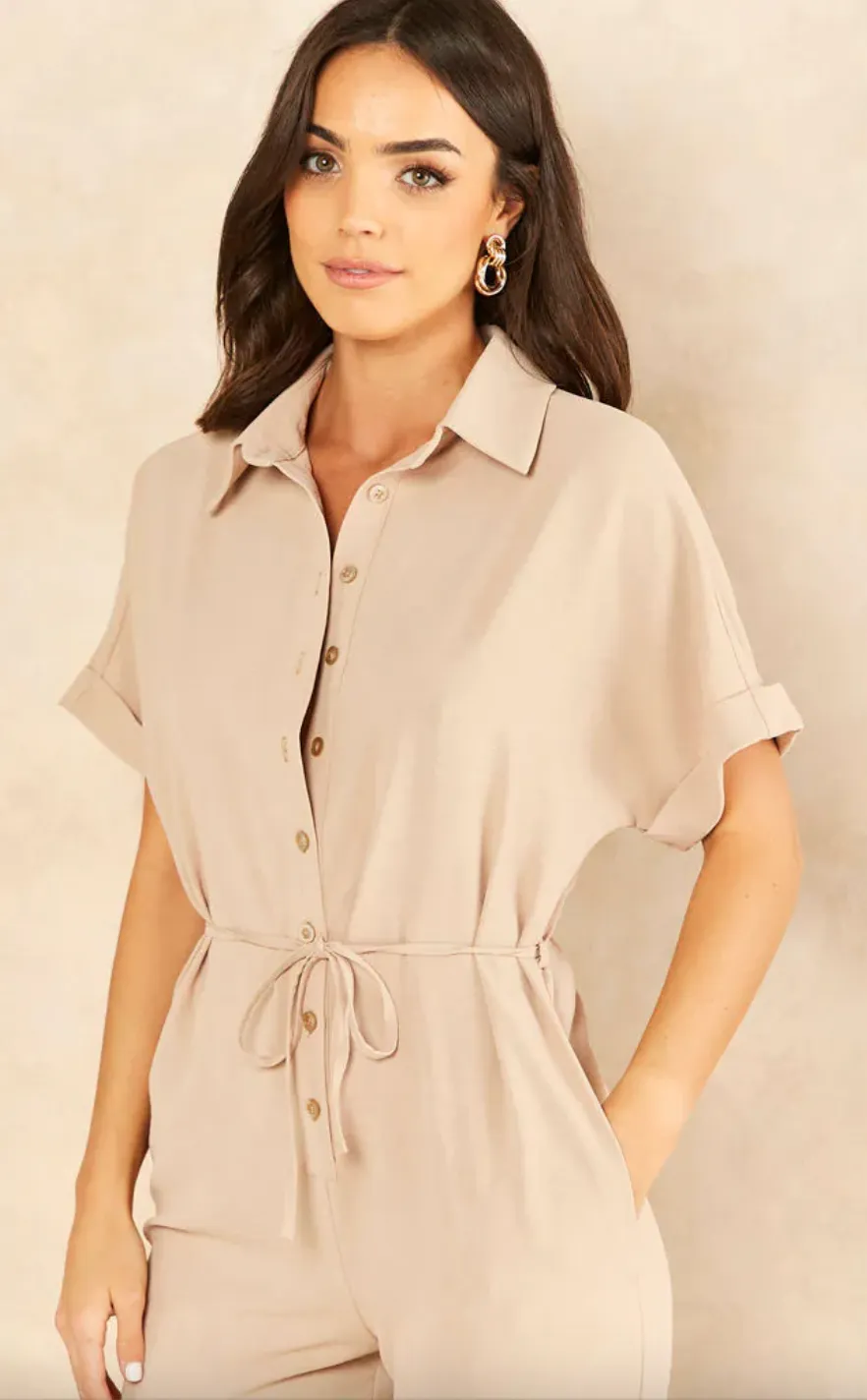 Wrap Jumpsuit with Pockets in Beige