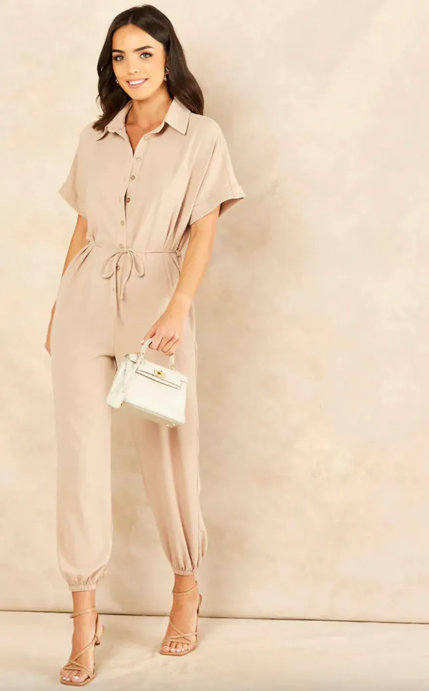 Wrap Jumpsuit with Pockets in Beige