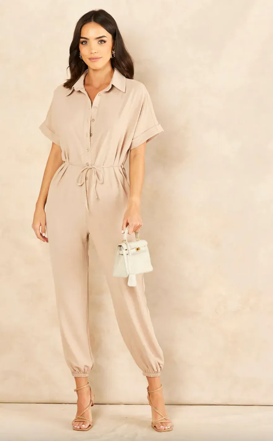 Wrap Jumpsuit with Pockets in Beige