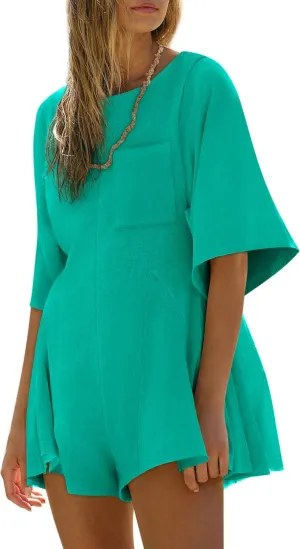 Yousify Rompers for Women 2025 Spring Outfits Summer Casual Short Sleeve Crew Neck Loose Jumpsuits with Pocket