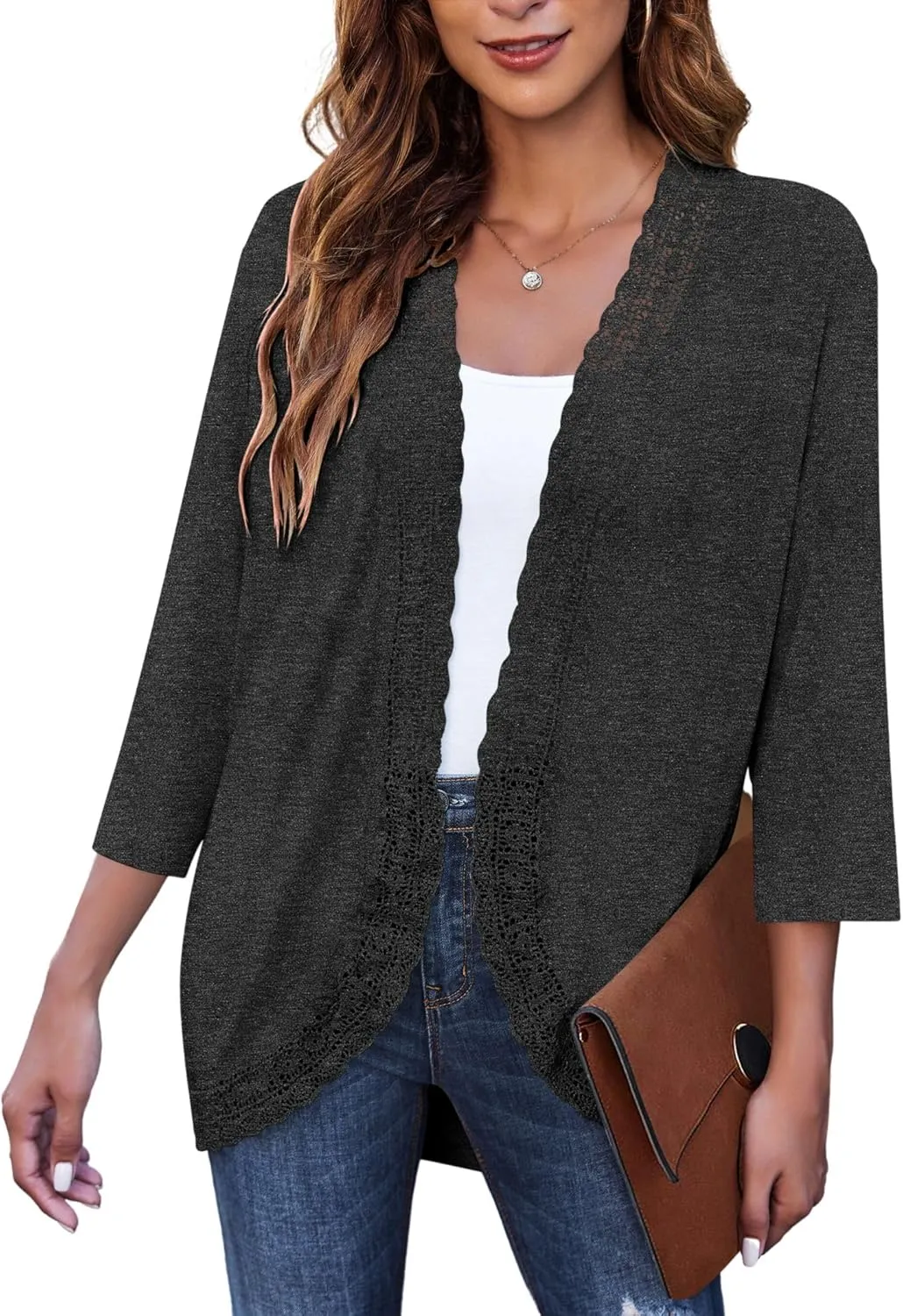 Zeagoo Women's Open Front Cardigans Lightweight 3/4 Sleeve Lace Kimono Soft Draped Cover Ups